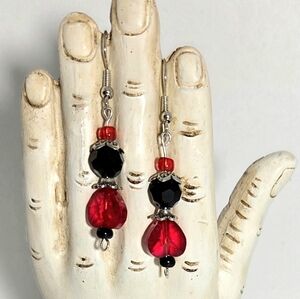 Red faceted glass earrings, Dangle Heart earrings